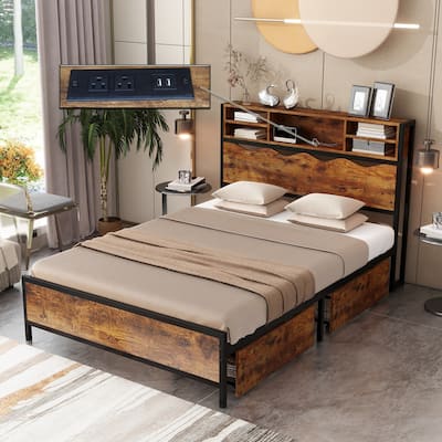 Metal Full&Queen Size Storage Bed Frame Wood Headboard and Footboard