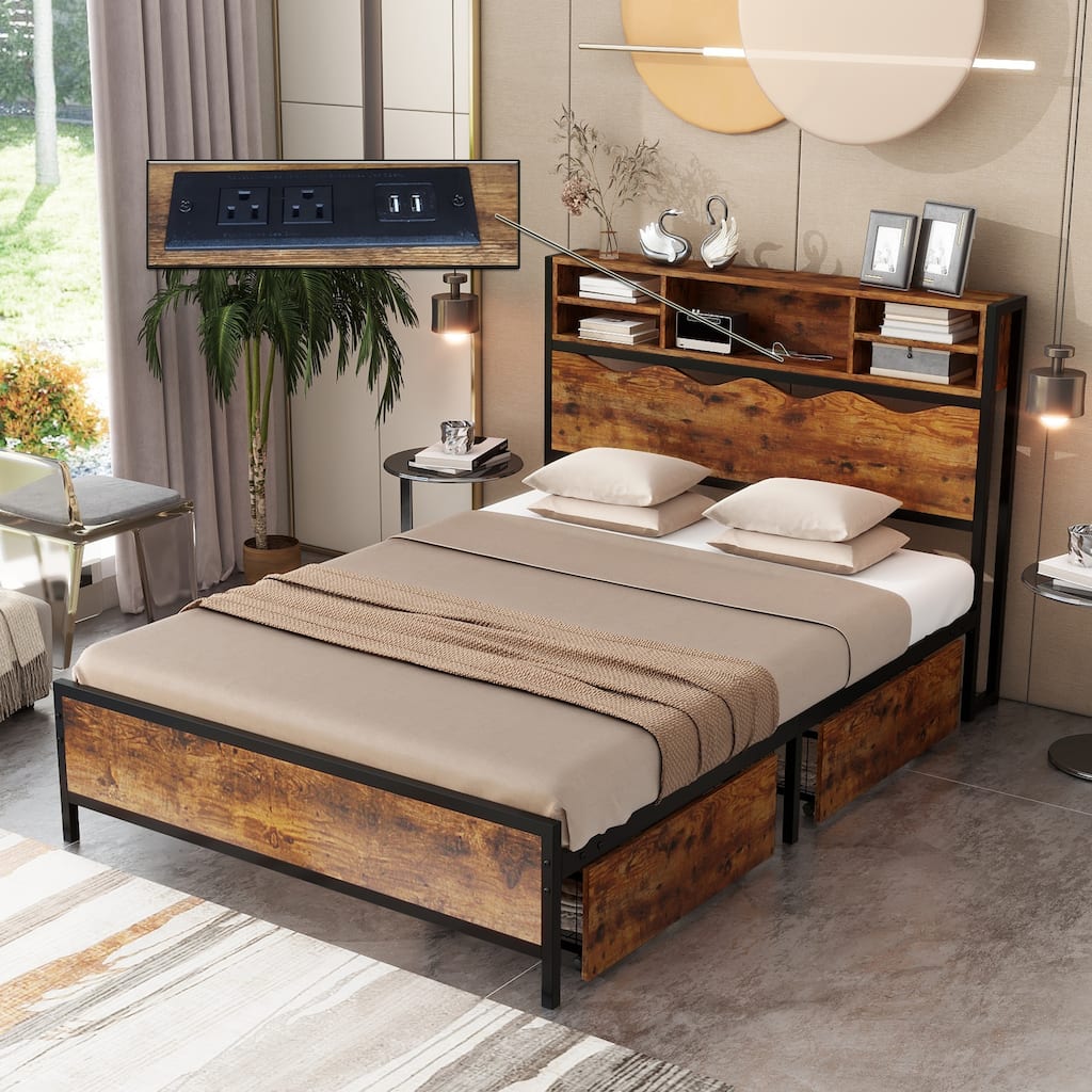 Metal Full&Queen Size Storage Bed Frame Wood Headboard and Footboard