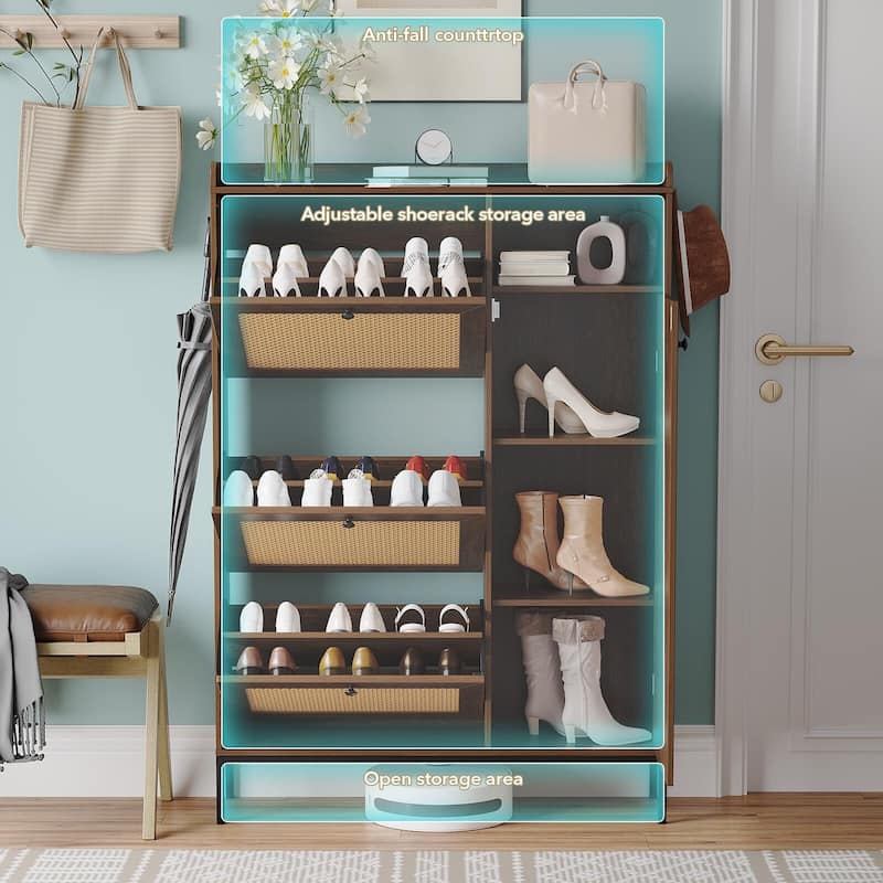 3-Tier Shoe Storage Cabinet with Rattan Doors and Adjustable Compartments