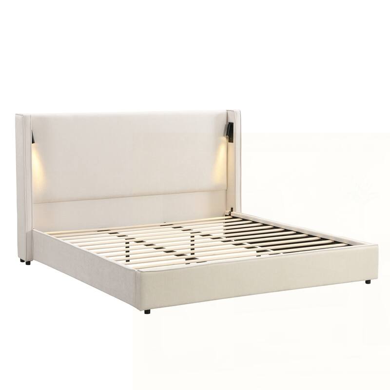 Upholstered Bed Frame with Reading Lamp and USB port