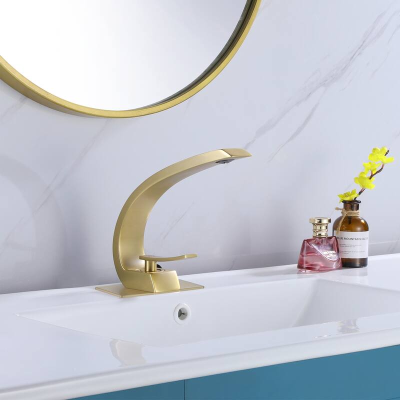 Modland Modern Single Hole Brushed Gold Bathroom Sink Faucet Curved Spout with Deck Plate