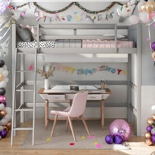 Solid Wood Twin Size Loft Bed with Ladder, Gray, Modern Design