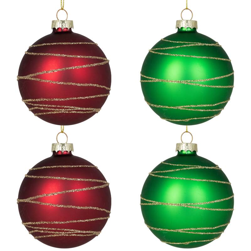 4ct Glass RedGreen Matte Christmas Ball Ornaments 3.25-Inch (80mm)