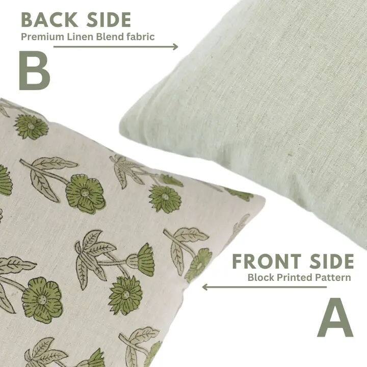 Green Floral Design Block Print Pillow Cover - Kirti