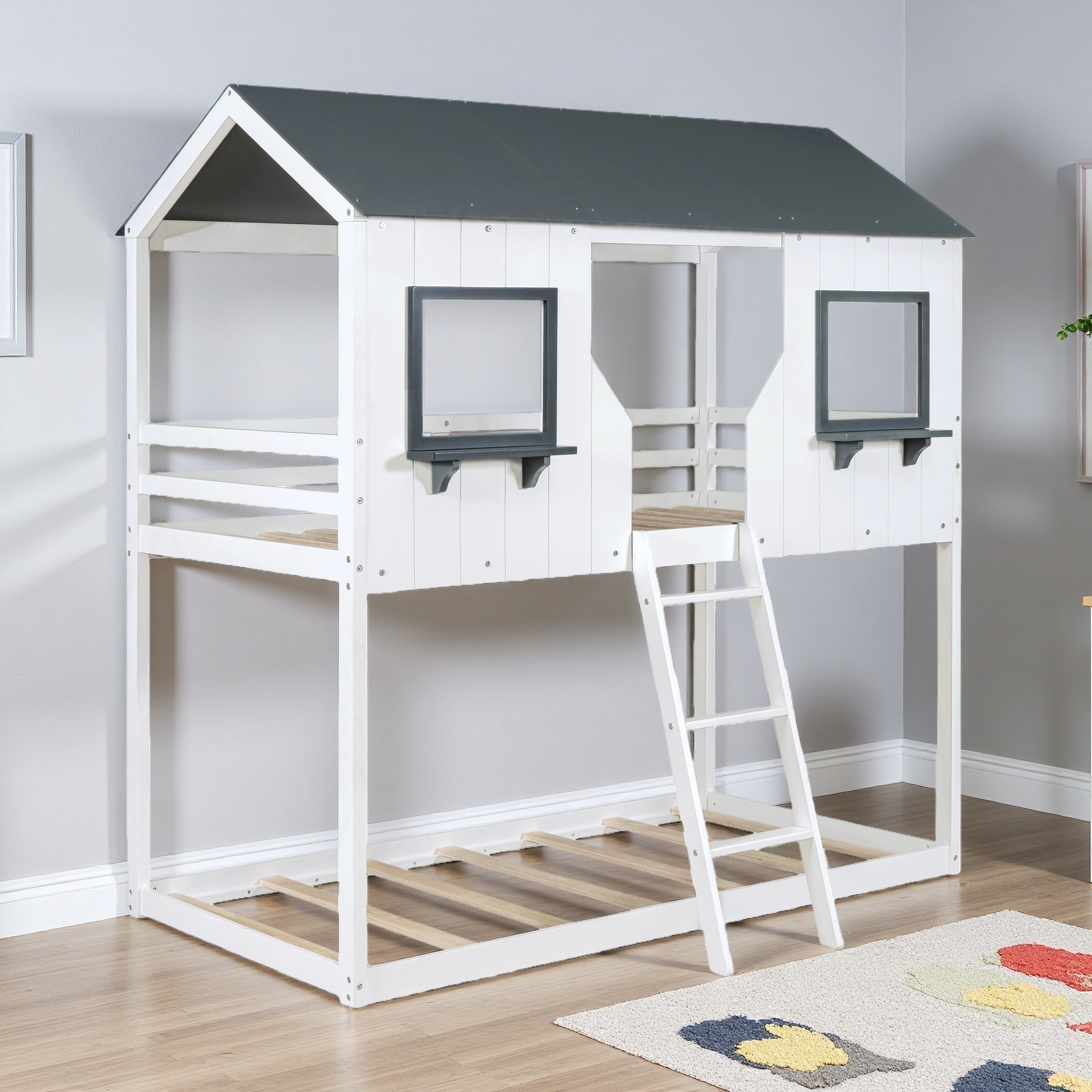 Twin Over Twin Solid Wood House Bunk Bed with Roof, Window, Ladder and Guardrail