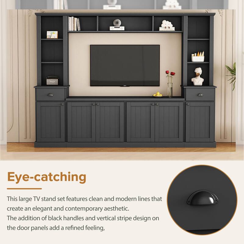 Modern Wall Unit Set for TVs Up to 75" with Adjustable Bridge & Ample Storage - Includes Bookcase, Wine Rack & Display Case
