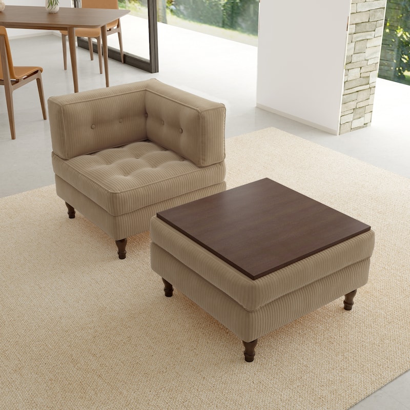Corduroy Tufted Accent Chair Armchair and Ottoman Set