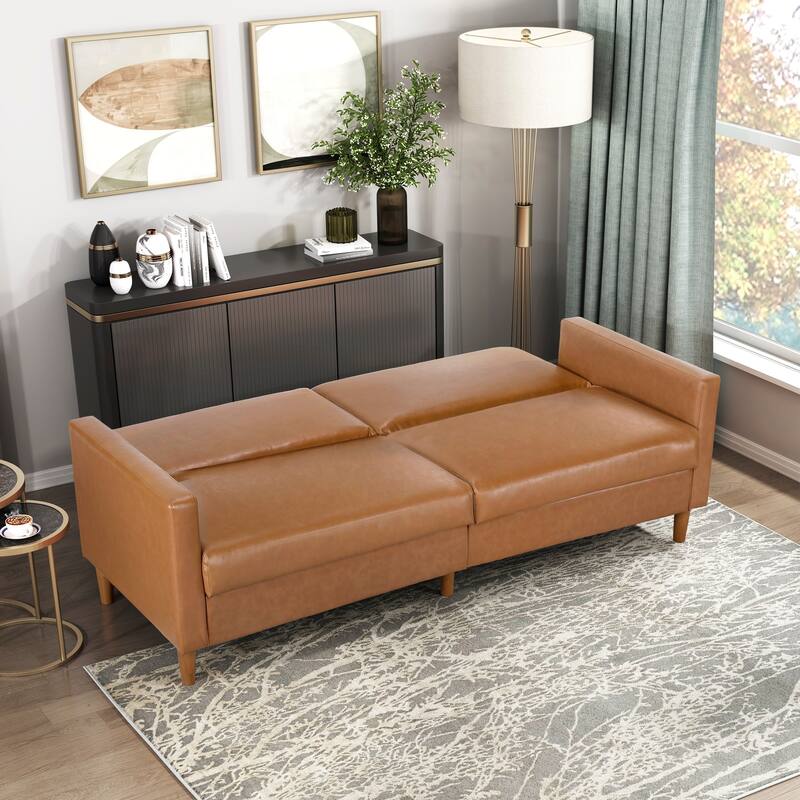 Camel Faux Leather Convertible Futon Sofa with Plywood Frame