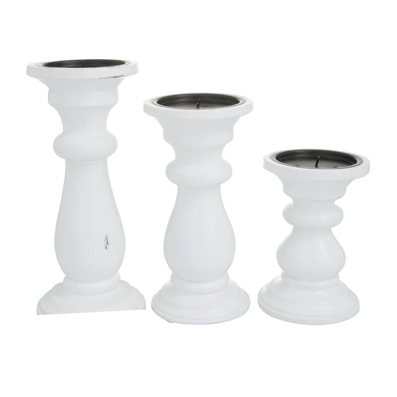 Mango Wood Turned Style Pillar Candle Holder (Set of 3) - Black, White or Gold - S/3 10", 8", 6"H