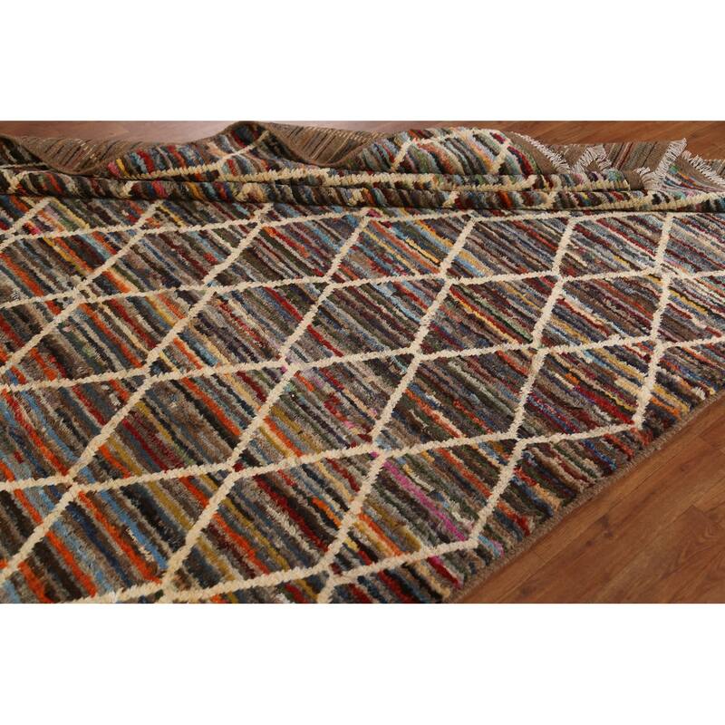 Hand Knotted Oriental 100% Wool Carpet Tribal Trellis Multi-Colored Moroccan Area Rug - 9' 10'' X 6' 5''