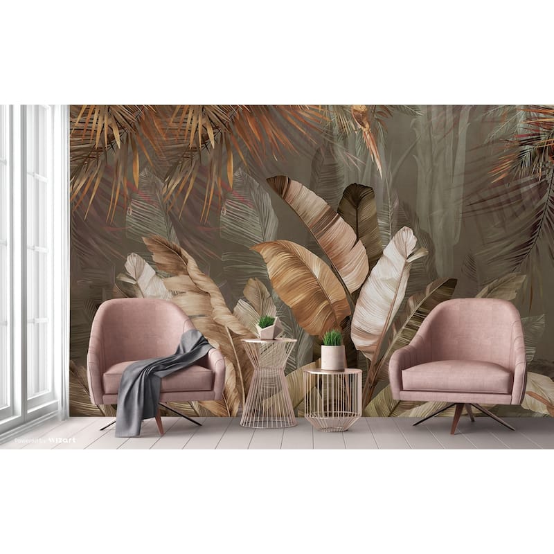 Lush Tropical Forest Mural with Vibrant Palms and Parrot