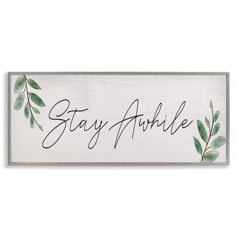 Stupell Stay Awhile with Plant Sprigs Framed Giclee Art Design By Lil' Rue - 30 x 13 - Grey