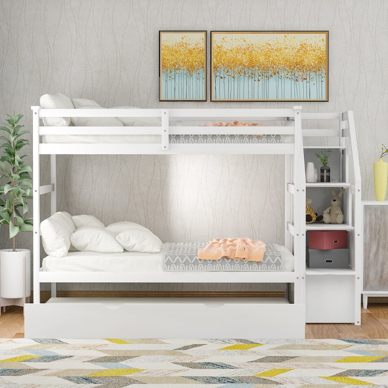 Kids Twin Ove Twin Bunk Bed with Pull-Out Trundle and 3 Storage Stairs, Safety Guardrails and Armrest