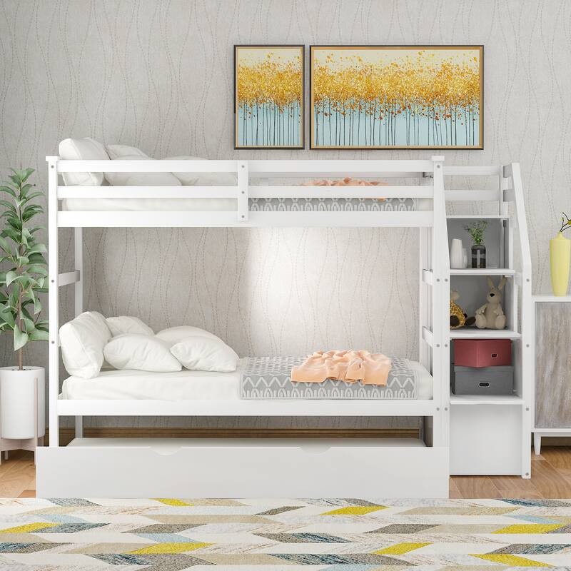 Wood Bunk Beds, Twin-Over-Twin Staircase Bunk Bed with Trundle&Storage