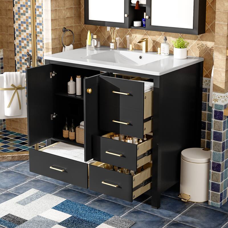 Bathroom Vanity with Ceramic Sink Combo,Freestanding Vanity Set with 4 Drawers& Soft Closing Doors