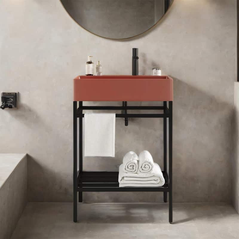 24" Bathroom Vanity Set with Ceramic Basin and Storage Shelves (No Faucet)