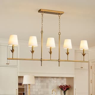 Mid-Century 5-Light Candle White Fabric Linear Island Pendant