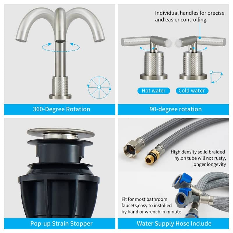 2 Handles Widespread Bathroom Sink Faucet 3 Holes Bathroom Faucet with Pop Up Drain Vanity Tap with CUPC Supply Hoses