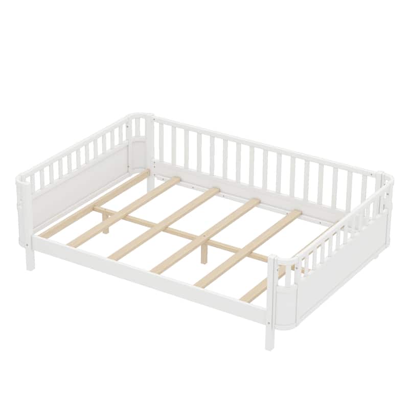 Multi Size Low Platform Bed for Kids with Rounded Corners Guardrails, Detachable Right-side Fence and Open Left-side Design