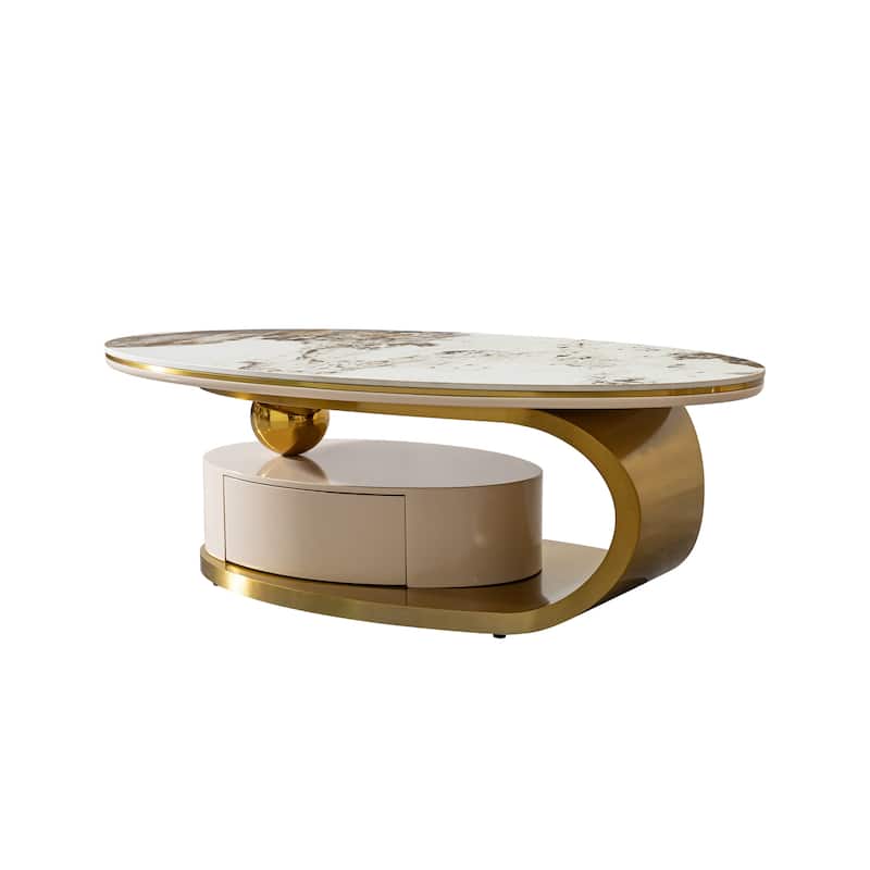 Modern Coffee Table, Sintered Stone Coffee Table with 2 Drawers and Stainless Steel Base, for Living Room