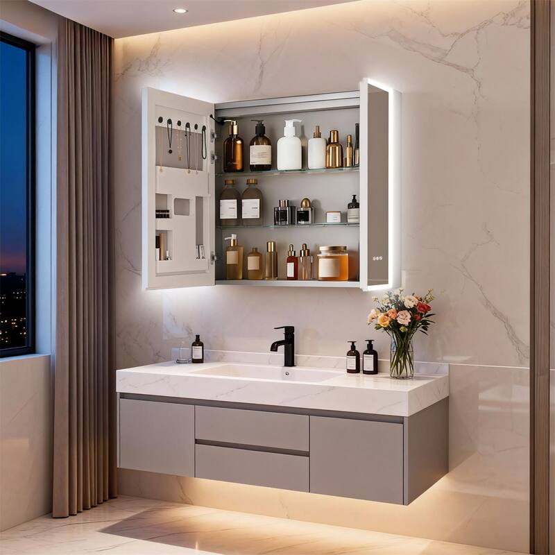 Wall Mounted Medicine Cabinet Bathroom Cabinet Jewelry Organizer with Bluetooth Dual Speakers Adjustable Glass Shelves