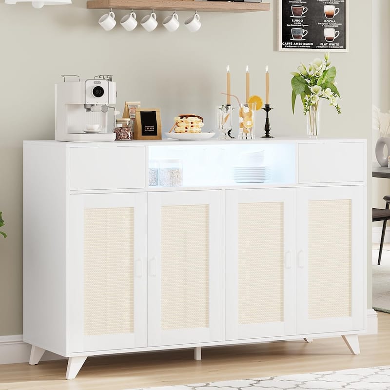 Rattan Sideboard Buffet Cabinet,4 Doors 2 Drawers Accent Storage Cabinet,Table Coffee Bar - White
