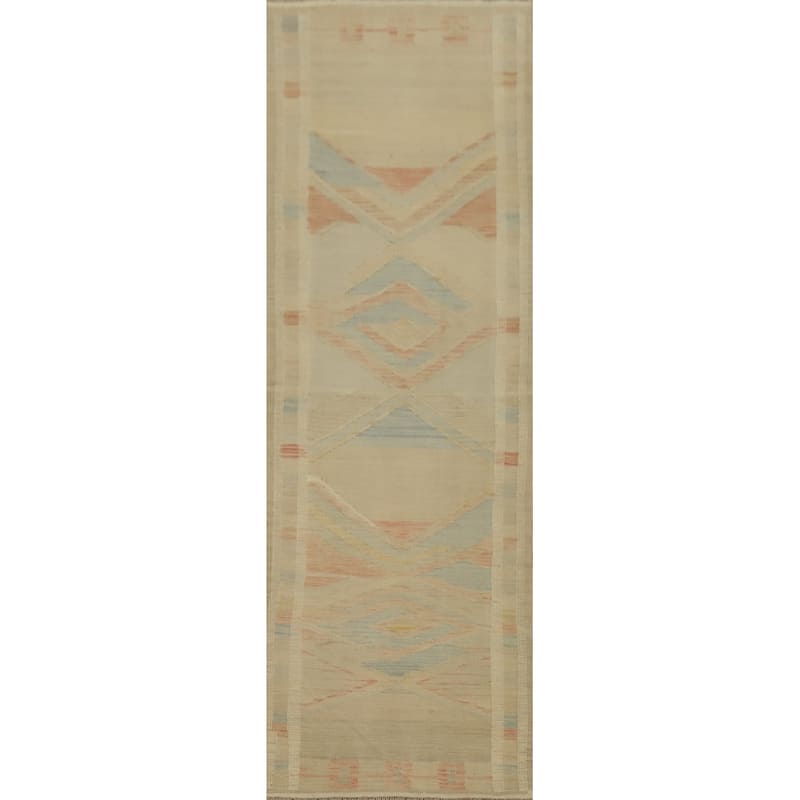 Hand Woven Oriental 100% Wool Carpet Southwestern Tribal Beige & Ivories Kilim Runner Rug - 9' 6'' X 2' 7''