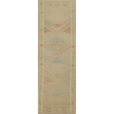 Hand Woven Oriental 100% Wool Carpet Southwestern Tribal Beige & Ivories Kilim Runner Rug - 9' 6'' X 2' 7''