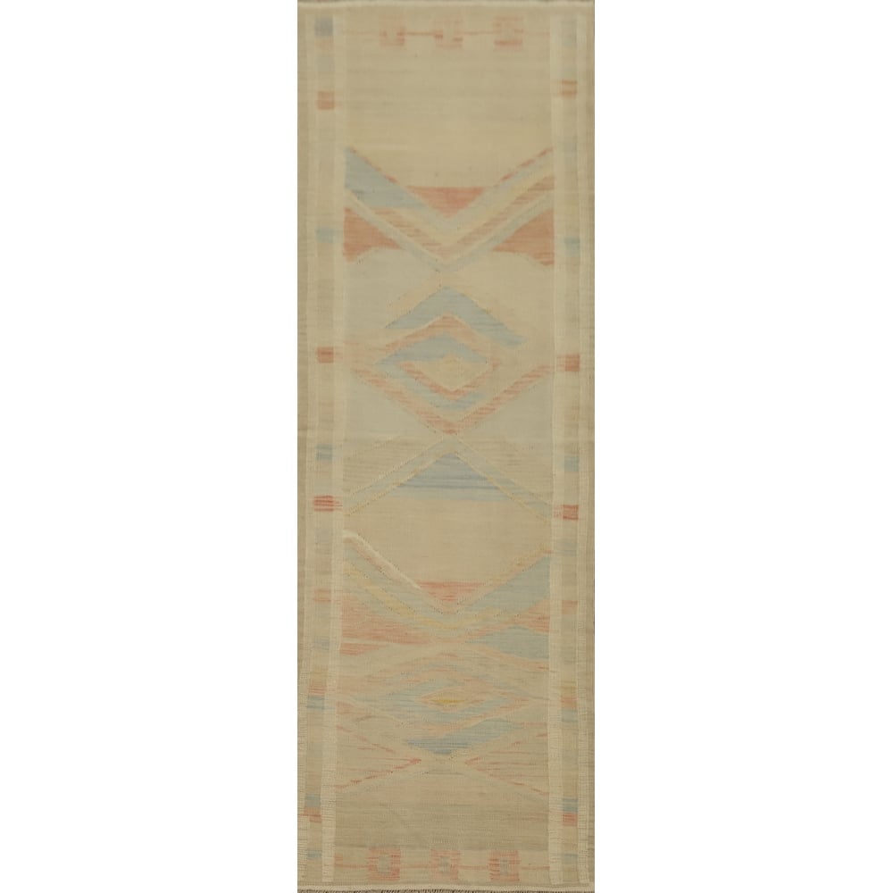 Hand Woven Oriental 100% Wool Carpet Southwestern Tribal Beige & Ivories Kilim Runner Rug - 9' 6'' X 2' 7''