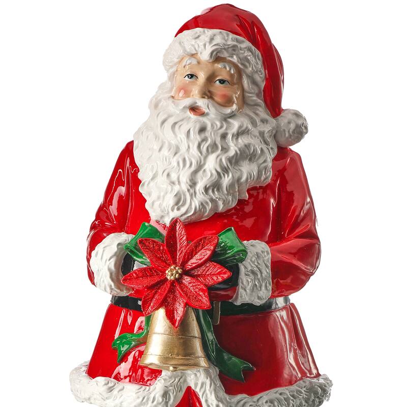 15" Resin Santa With Bell and Poinsettia