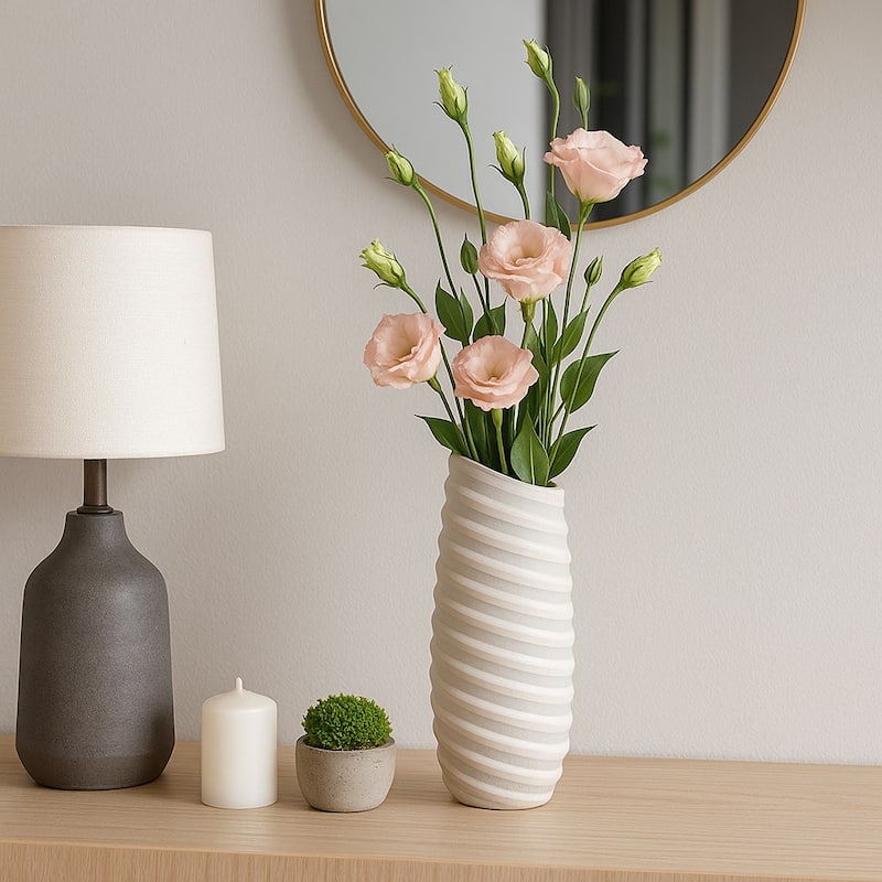 Carved Glass Modern Table Vase with Ribbed Silhouette - Ivory