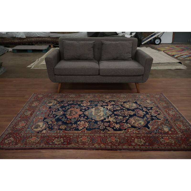 Hand Knotted Oriental 100% Wool Carpet Traditional Floral Navy Blue & Blues Kashan (Dabir) Area Rug - 7' 1'' X 4' 2''