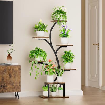 Brown-Black Wood Iron 7-Tier Plant Stand with Grow Lights and Timer - 29.45" L x 11.8" W x 48.9" H