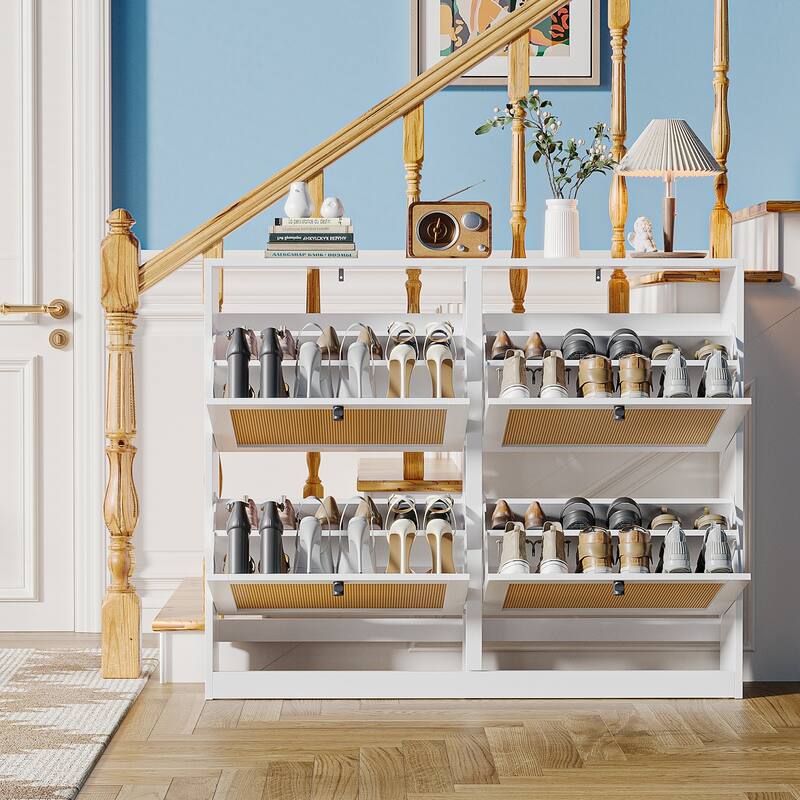 Anmytek 24 Pairs Large White Rattan Shoe Storage Cabinet with 4 Flip Drawers Narrow Shoe Storage Organizer for Entryway