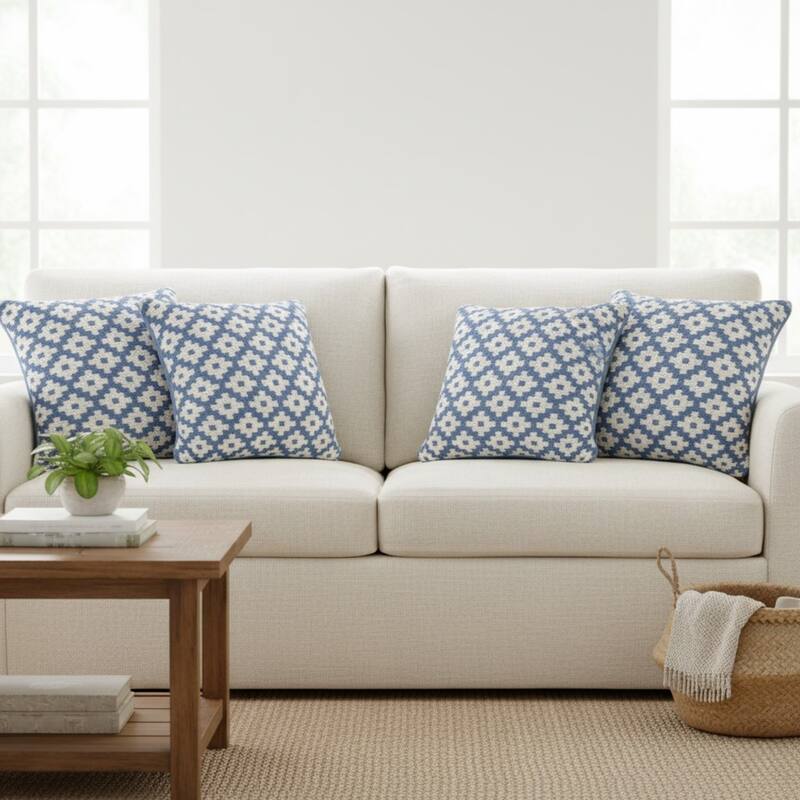 Geometric Reversible Square Throw Pillow Covers - 20" - Blue and White - Set of 4