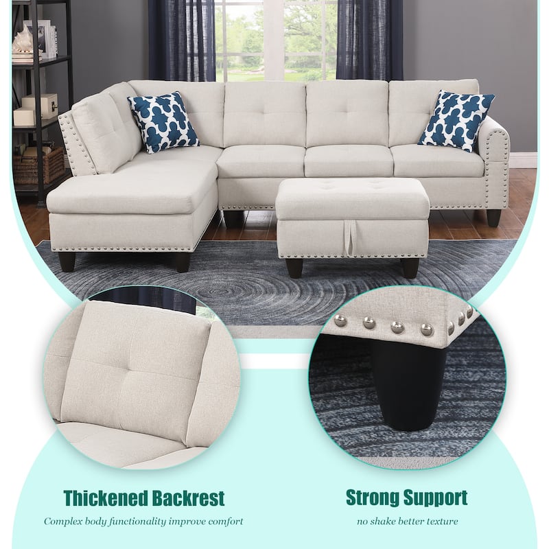 HOMEFUN Linen/Leather Upholstered L-Shaped 4-seater Multifunctional Sectional Sofa with Storage Ottoman,Cup Holder