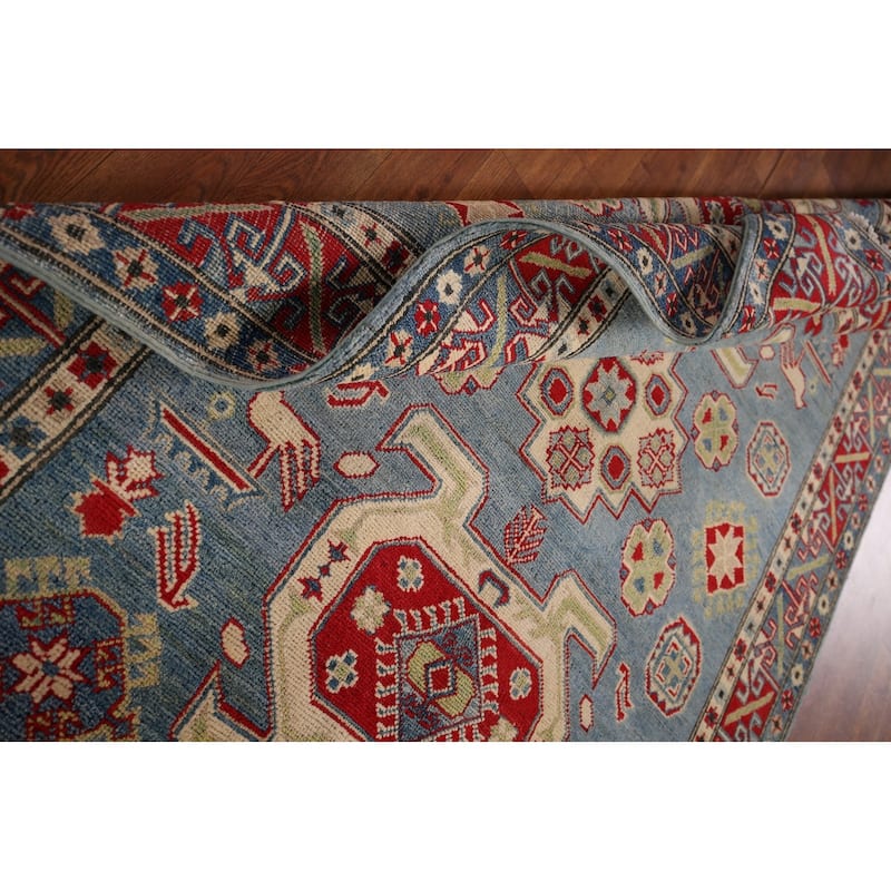 Geometric Blue Kazak Oriental Area Rug Handmade Wool Carpet - 4'3" x 5'11"