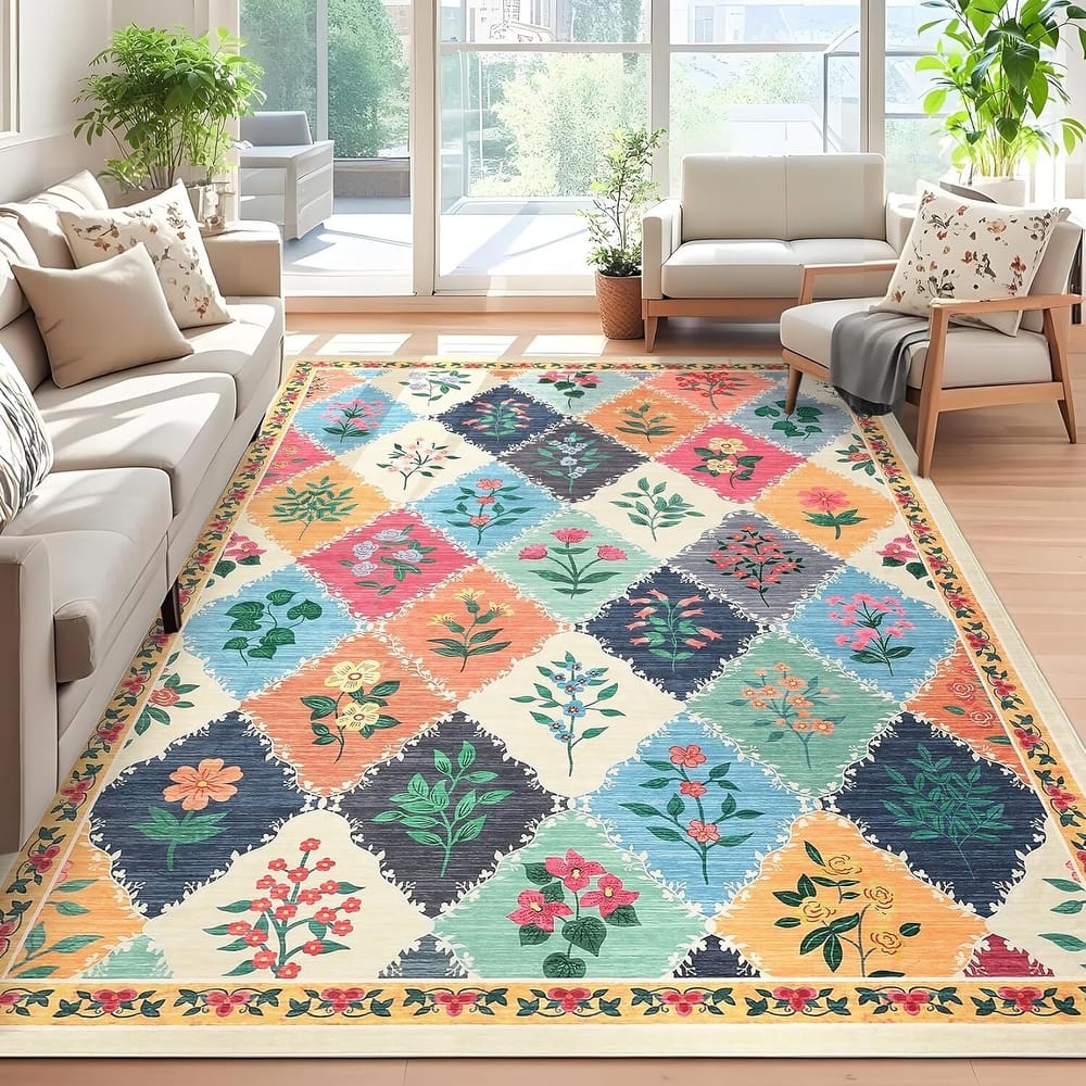 Vintage Floral Washbale Floor Cover Area Rug for Bedroom, Living Room, Colorful - 1'6" x 2'6"