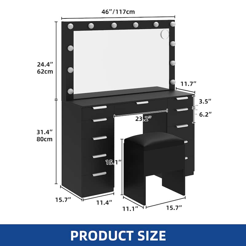 Makeup Vanity Set with Oversized Mirror 3 Color LED Lights Charging Hub 11 Drawers and Comfy Storage Stool for Bedroom