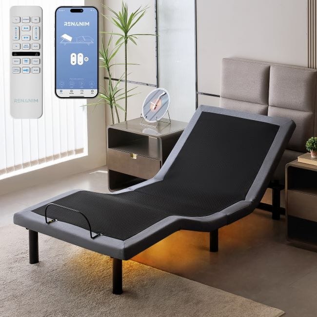 Renanim Adjustable Bed Base with Dual Massage - USB, Under Bed Light, Zero Gravity, App Control, Head and Foot Incline