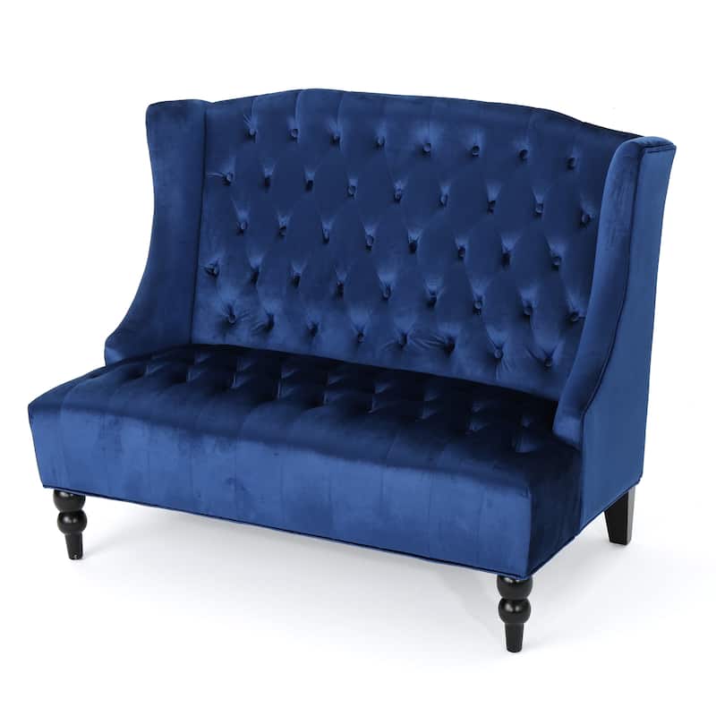 Navy Blue 50.25" Velvet Button Tufted High Wingback Loveseat Sofa with Wood Legs for Living Room