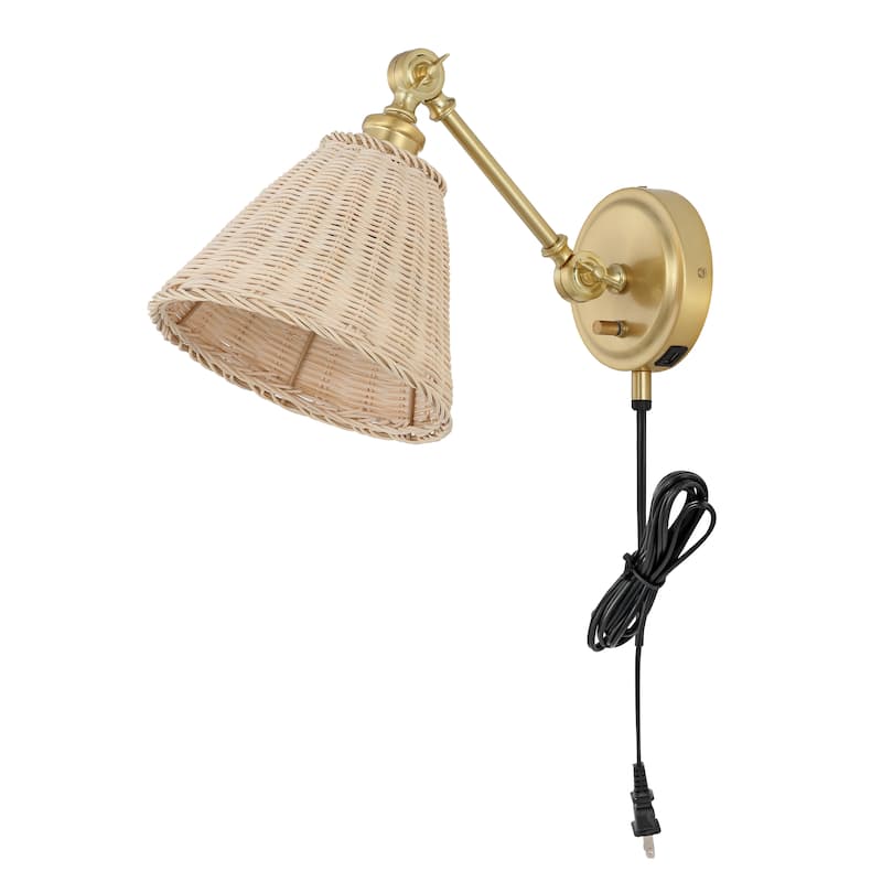 SAFAVIEH Lighting Oswynn Wall Sconce (Set of 2) - Brass/Natural Rattan - 8"W x 15"D x 10"H
