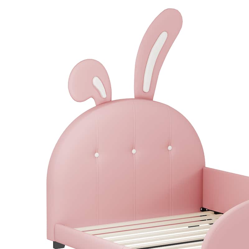 Cute Rabbit Design Twin Size Platform Bed with Upholstered Headboard & Footboard聽