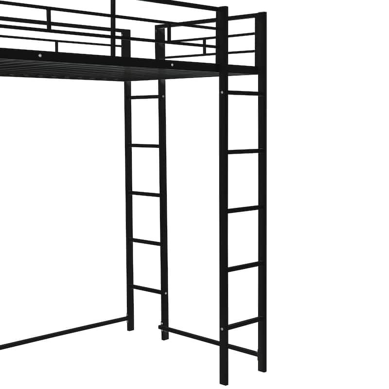 Black Twin Size Metal Loft Bed with Ladder, Fence, 2 Shelves and Desk for Bedroom