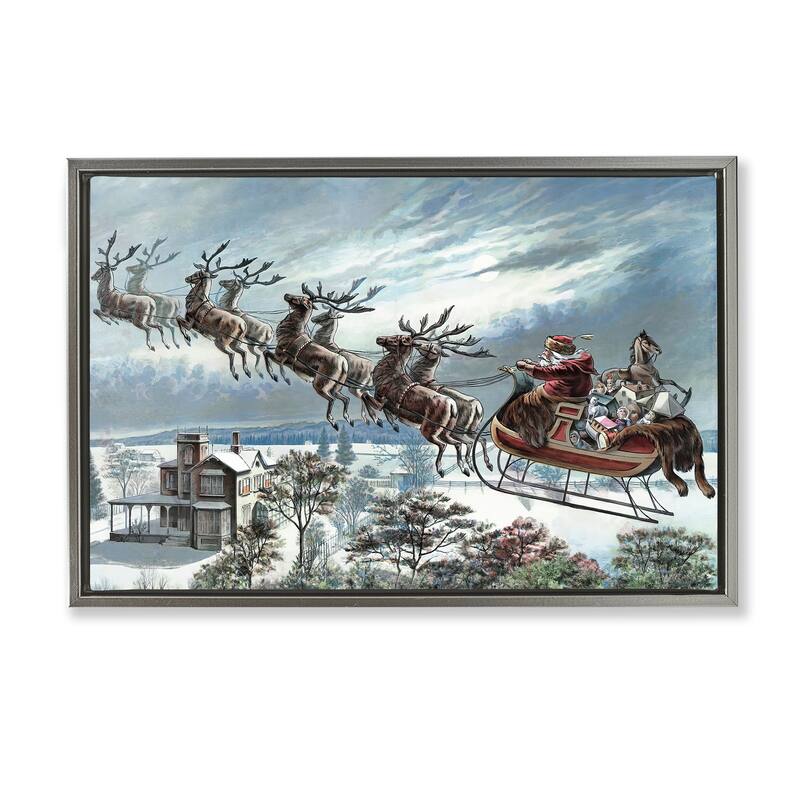 Stupell Santa's Sleigh over Town Framed Floater Canvas Wall Art Design By Arlington Prints - 25 x 17 - Grey