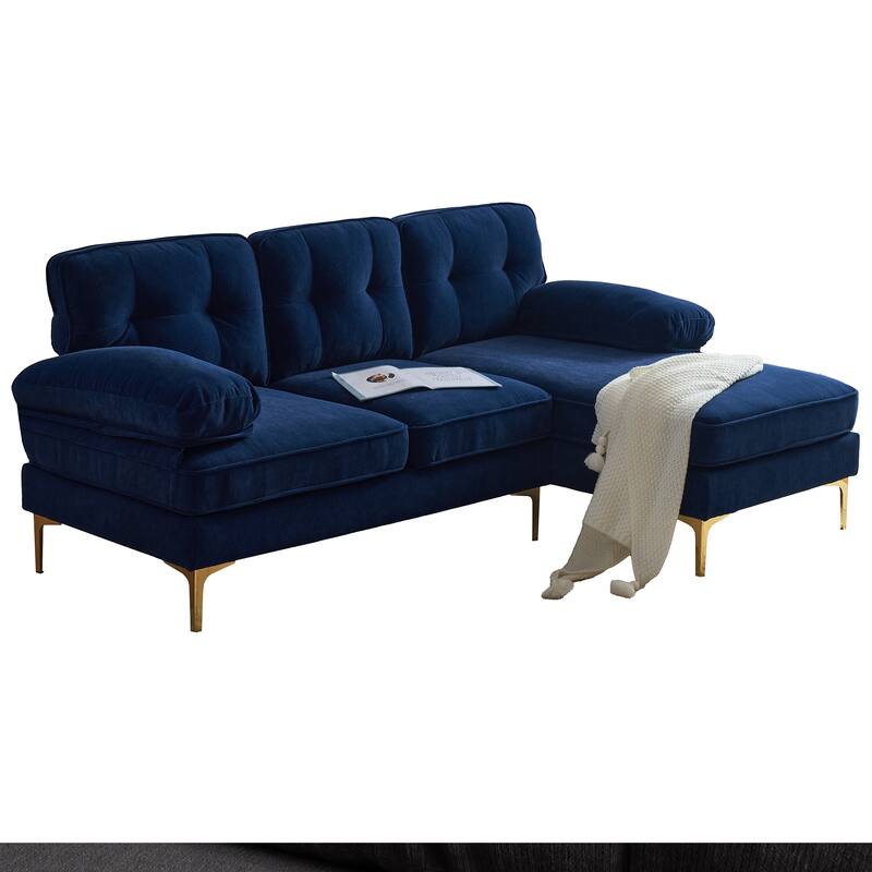 Velvet Sectional Sofas Couches with Pillow Top Arms and Upholstered Backrest, Modern L-Shaped Couches with Metal Legs
