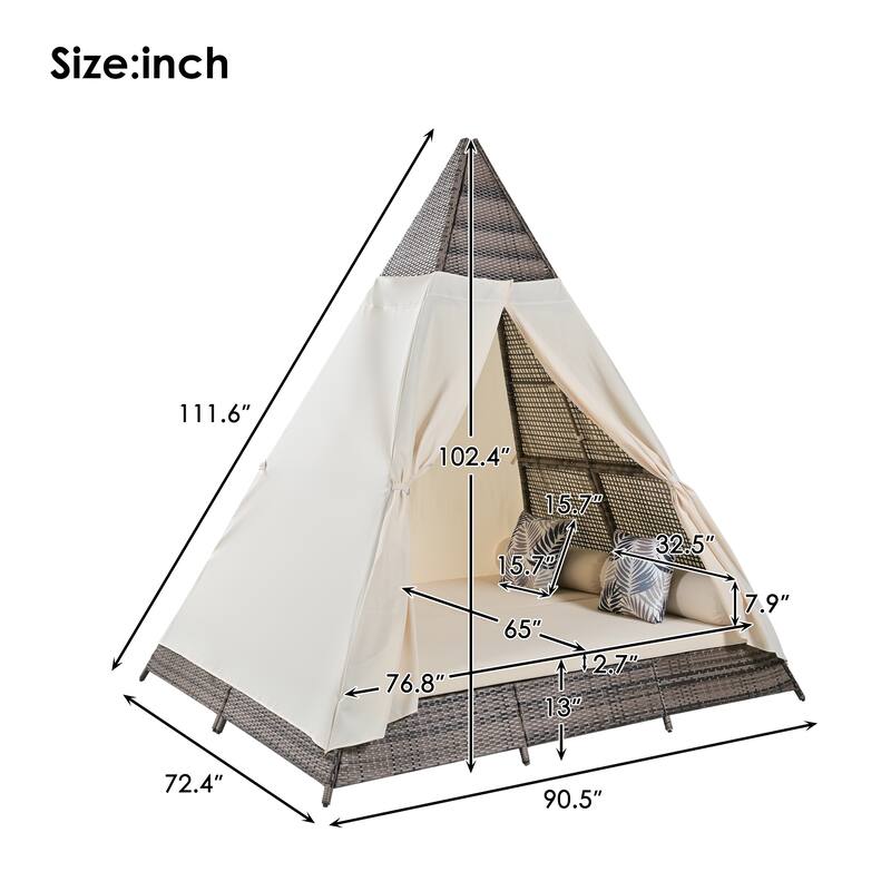 90.5" Triangle Tent Daybed Sunbed with Pillows & Curtain