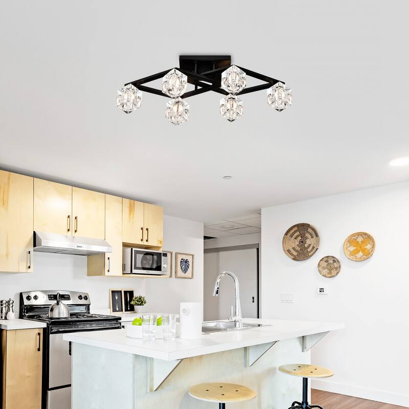 Matte Black 8-Light Industrial Crystal Chandelier, Adjustable Height Pendant Light Fixture for Dining Room, Kitchen, Foyer