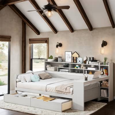 Full Size Wooden Daybed with Storage Shelves and Study Desk