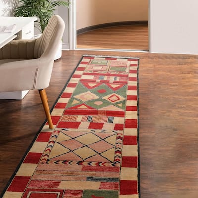 Hand Knotted Red, Green Tibetan Wool Modern Oriental Area Rug - 2' 7'' x 12' 3''